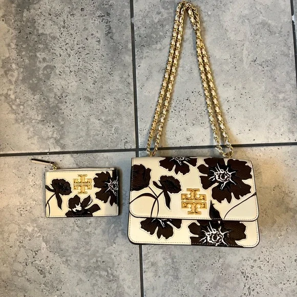 Tory Burch Cream and Brown Floral Crossbody Bag set with card holder - Picture 13 of 13